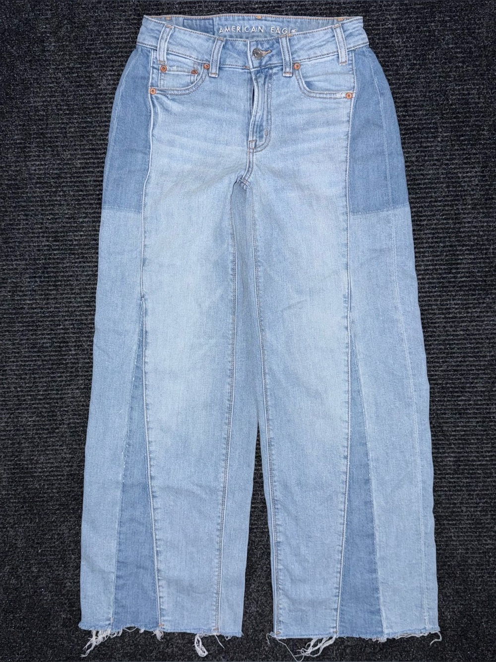 American Eagle Low Rise Baggy Wide Leg Two Tone Patchwork Jeans Sz 000 R Raw Hem
